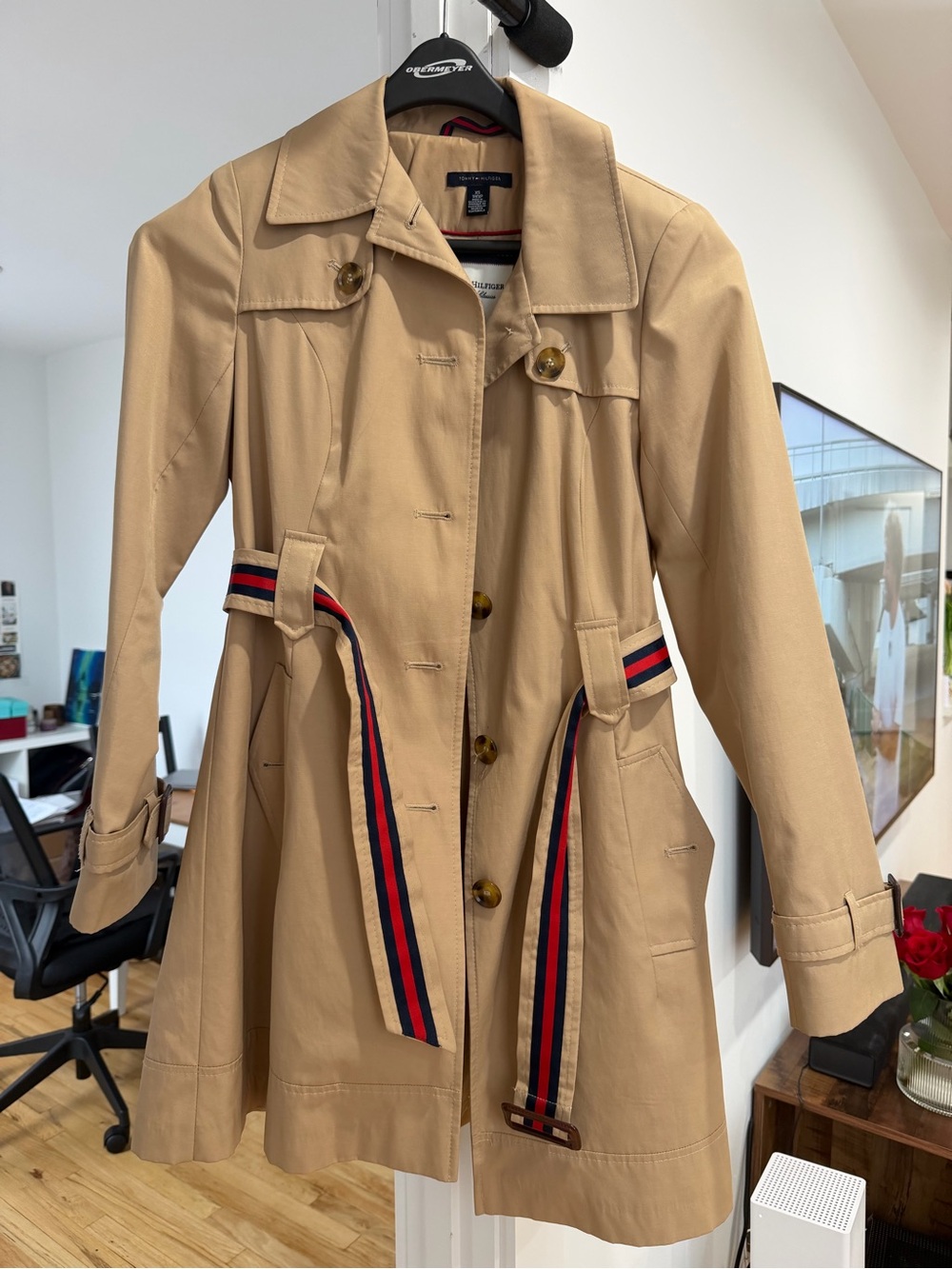 Tommy Hilfiger Tan Trench Coat with Navy and Red Ribbon Trim